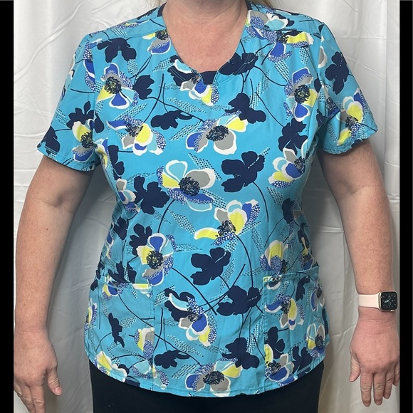 SCRUBS, Scrub top, Cherokee Infinity Stretch SZ Large, Blue Floral - Picture 3 of 16